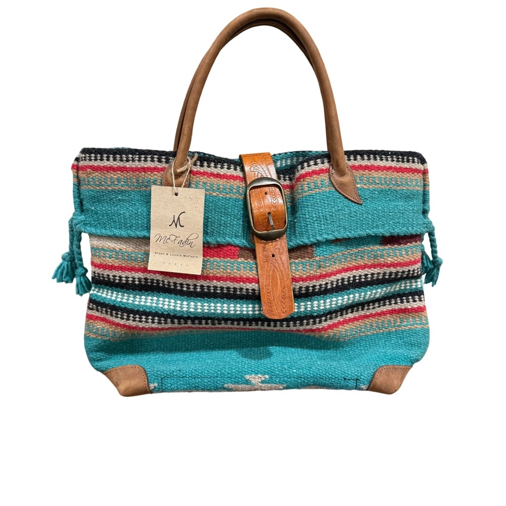 McFadin Womens Southwestern Woven Wool Leather Tote Bag Turquoise Aztec Texas